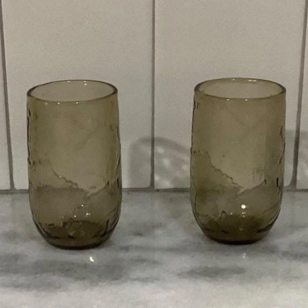 Anchor Hocking Sherwood Spicy Brown Glass Shooters, Set of 2 Vintage Leaf Design